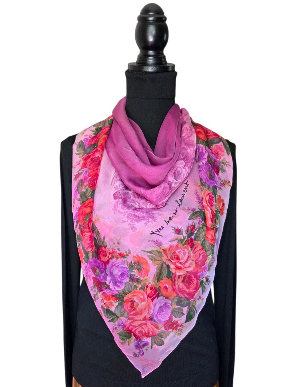 Vintage Yves Saint Laurent Floral Silk Chiffon Scarf 45" Carré Pink Purple Roses